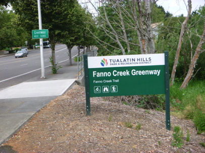 Signage for Greenway Park and Fanno Creek Trail with available amenities